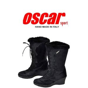 NWT OSCAR SPORT Fur Boots APRES WEDGE Shearling BLACK Size: 5-5.5 or 6 ft